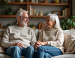 Couple d'âge moyen souriant dans un salon chaleureux