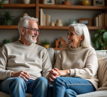 Couple d'âge moyen souriant dans un salon chaleureux