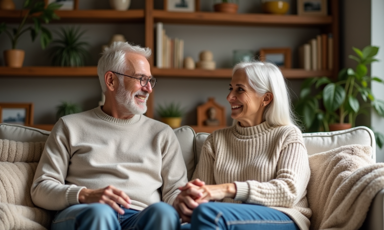 Couple d'âge moyen souriant dans un salon chaleureux