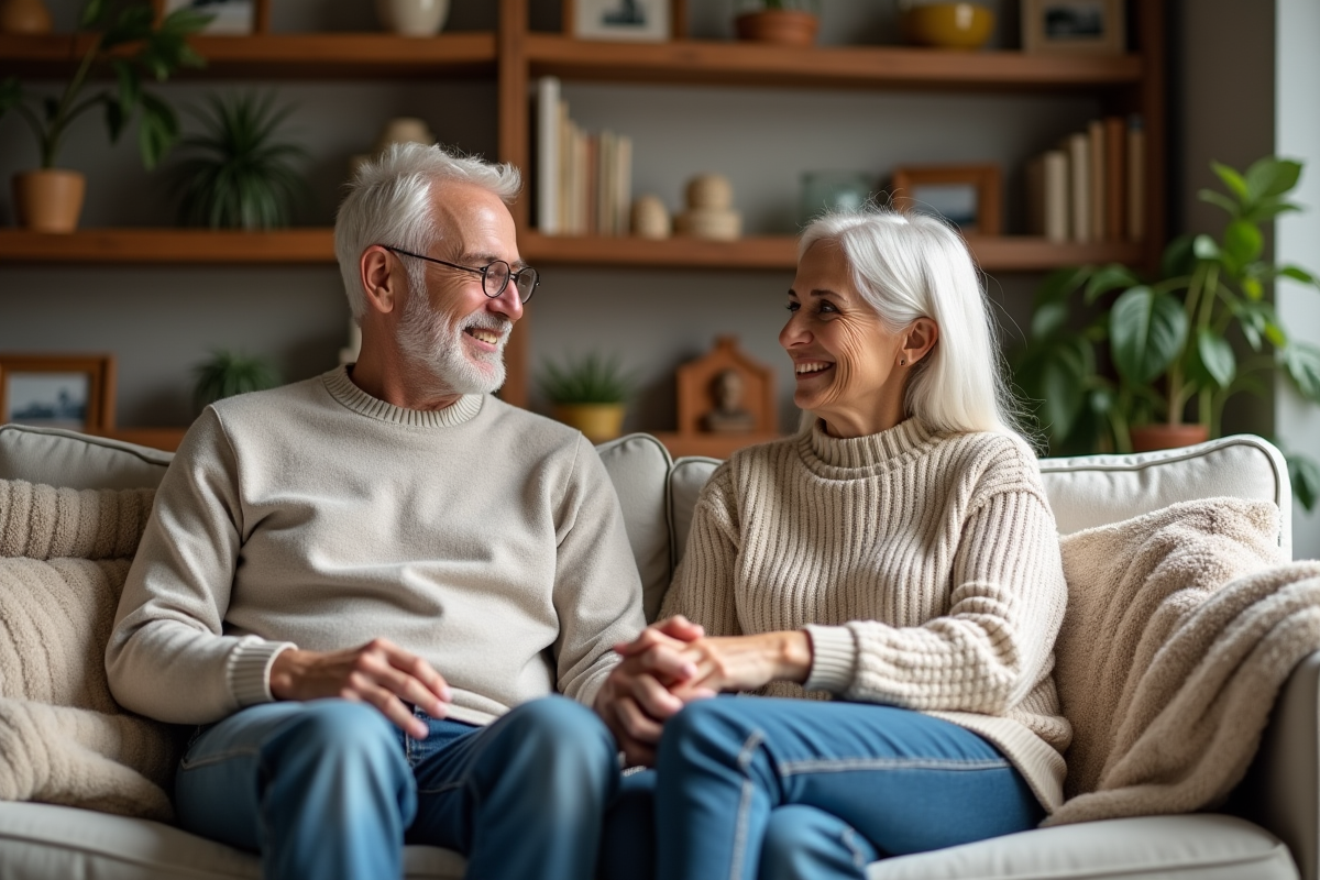Couple d'âge moyen souriant dans un salon chaleureux