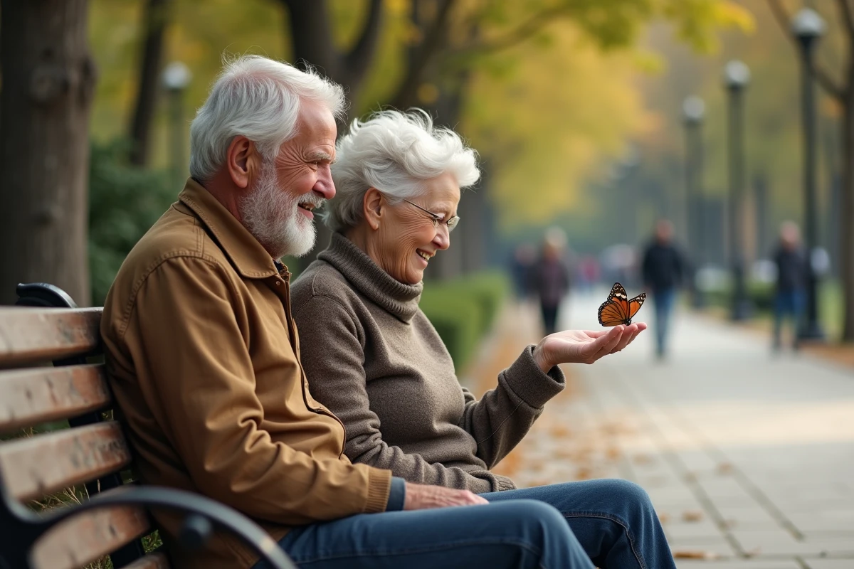 Couple âgé regardant un papillon dans un parc