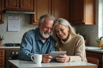 Couple d'adultes vérifiant les résultats de keno à la maison