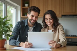 Jeune couple souriant lisant des documents de prêt immobilier