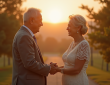 Vieux couple échangeant leurs vœux en plein air lors du coucher de soleil