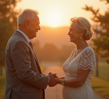 Vieux couple échangeant leurs vœux en plein air lors du coucher de soleil