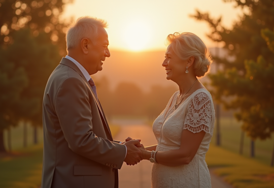 Vieux couple échangeant leurs vœux en plein air lors du coucher de soleil