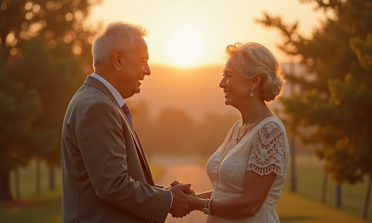 Vieux couple échangeant leurs vœux en plein air lors du coucher de soleil