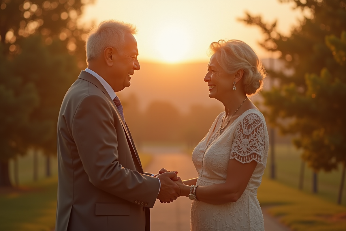 Vieux couple échangeant leurs vœux en plein air lors du coucher de soleil