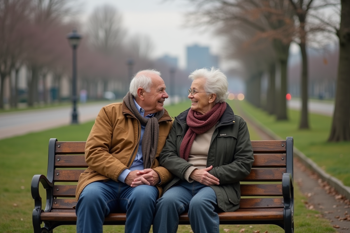 Couple âgé partageant un moment dans un parc au printemps