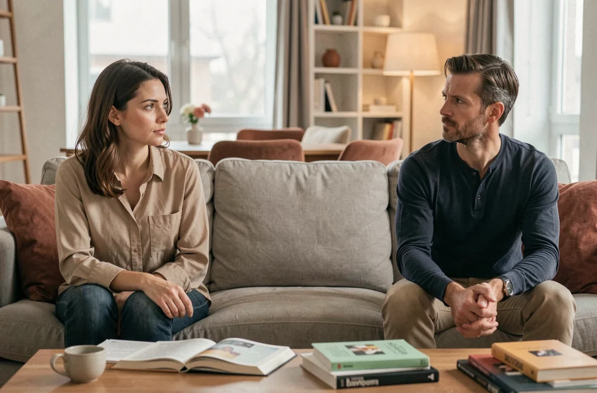 Couple en silence sur un canapé, illustrant la distance émotionnelle et le rejet silencieux typique d'une relation narcissique