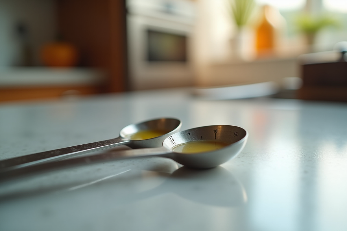 Deux cuillères de mesure avec liquide en cuisine