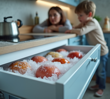 Cuisine moderne avec un freezer entrouvert et glace