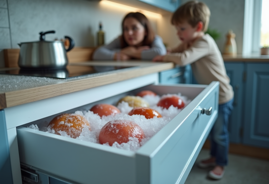 Cuisine moderne avec un freezer entrouvert et glace