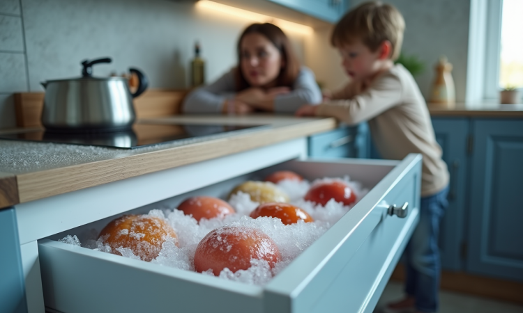 Cuisine moderne avec un freezer entrouvert et glace