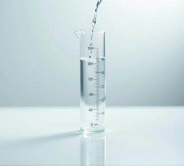 Cylindre de mesure avec eau sur une table blanche