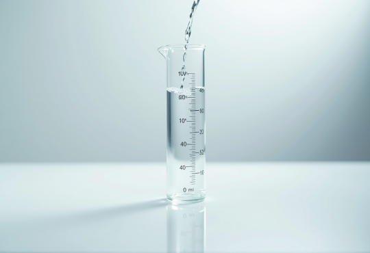 Cylindre de mesure avec eau sur une table blanche