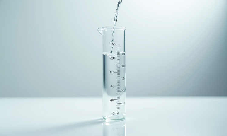 Cylindre de mesure avec eau sur une table blanche