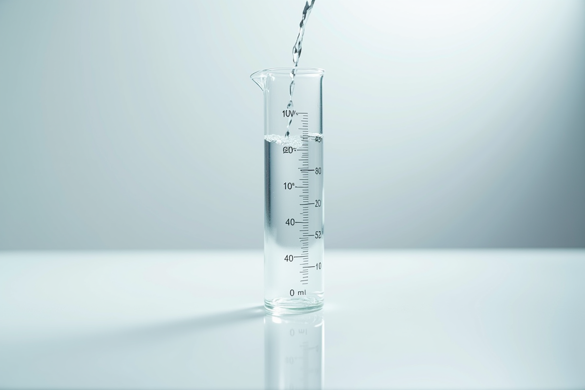 Cylindre de mesure avec eau sur une table blanche