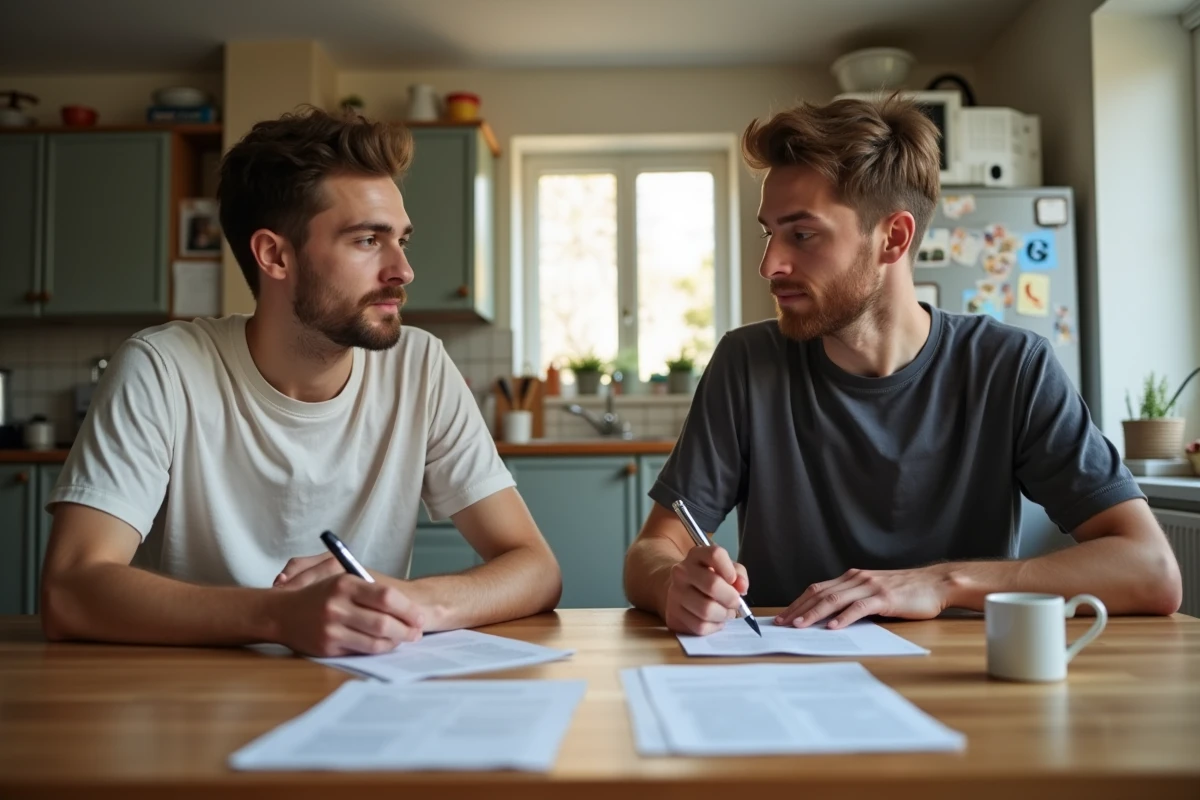 Deux jeunes hommes discutent de papiers dans la cuisine