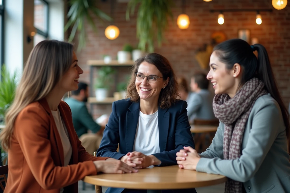 Groupe de trois adultes en discussion respectueuse dans un café urbain, illustrant le dialogue ouvert et nuancé sur les questions d'identité et de religion
