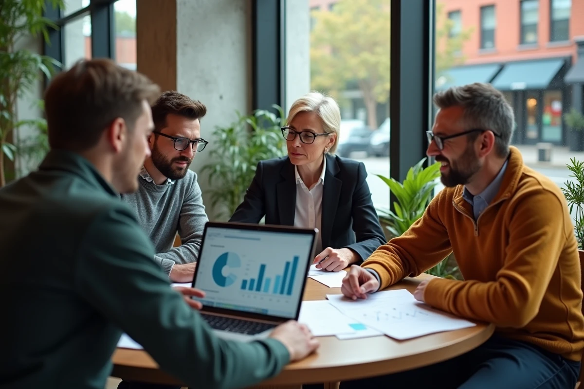 Groupe de citoyens et experts discutant de sciences et de société autour d'une table dans un espace collaboratif