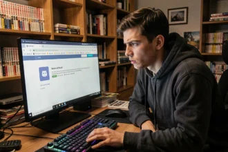 Jeune homme frustré devant un écran affichant une erreur Discord serveur introuvable, assis à son bureau