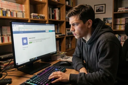 Jeune homme frustré devant un écran affichant une erreur Discord serveur introuvable, assis à son bureau