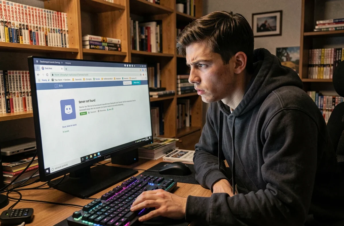 Jeune homme frustré devant un écran affichant une erreur Discord serveur introuvable, assis à son bureau