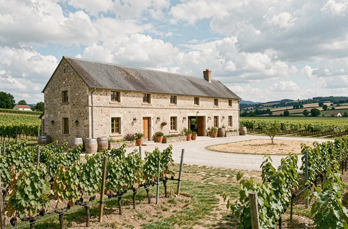 Vue du Domaine de Châtonnay, longère en pierre entourée de vignes et vergers en Isère