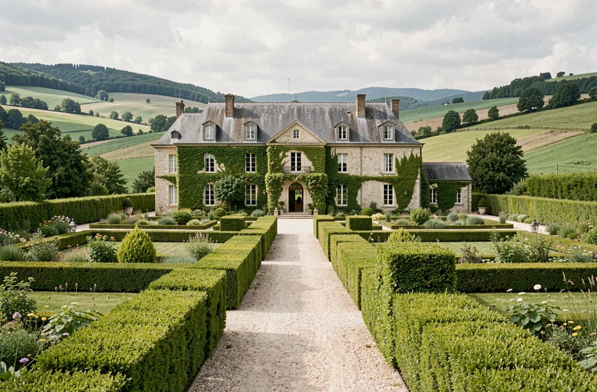 Vue extérieure du Domaine de Suzel, manoir en pierre entouré de jardins soignés en Isère