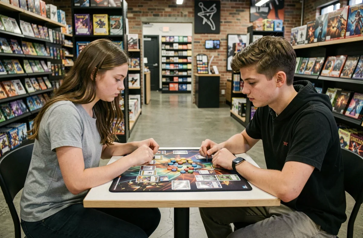 Deux adolescents jouant au jeu de cartes Pokémon dans un magasin de jeux moderne