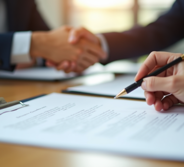 Mains échangeant un contrat signé sur un bureau lumineux