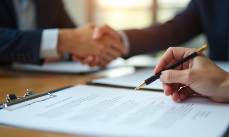 Mains échangeant un contrat signé sur un bureau lumineux