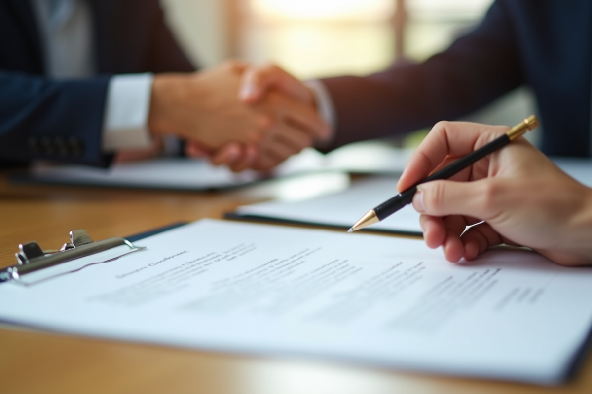 Mains échangeant un contrat signé sur un bureau lumineux