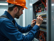 Électricien professionnel inspectant un panneau électrique moderne