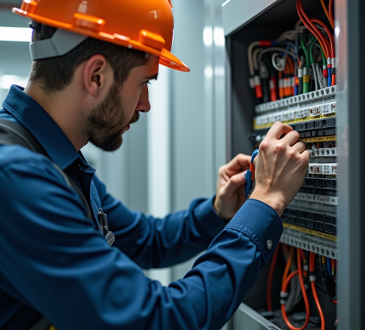 Électricien professionnel inspectant un panneau électrique moderne