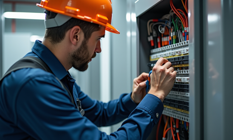 Électricien professionnel inspectant un panneau électrique moderne