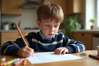 Enfant de 8 ans jouant au jeu du pendu avec des mots compliqués sur une feuille de papier à la table de cuisine
