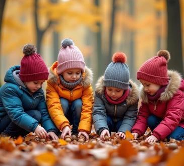 Groupe d'enfants explorant des feuilles d'automne dans la forêt
