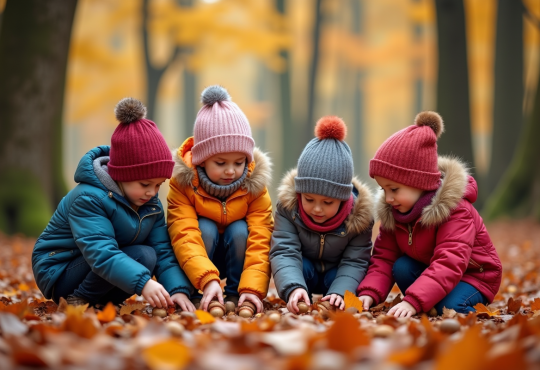 Groupe d'enfants explorant des feuilles d'automne dans la forêt