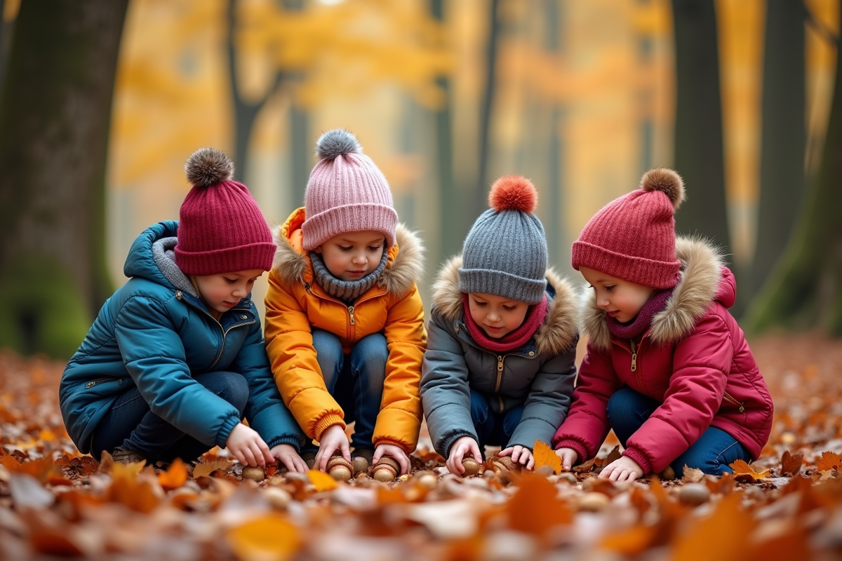 Groupe d'enfants explorant des feuilles d'automne dans la forêt