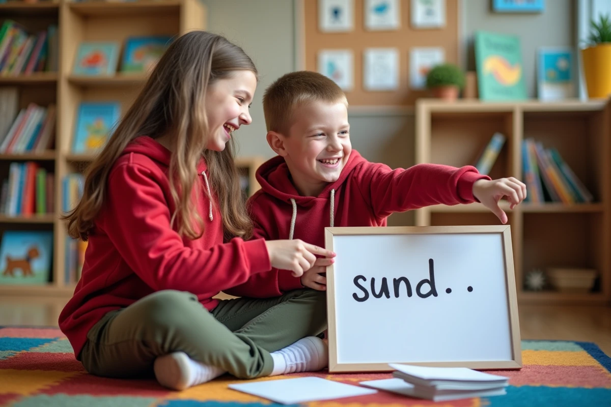 Deux enfants jouant ensemble au jeu du pendu avec un tableau blanc dans un coin lecture de classe coloré