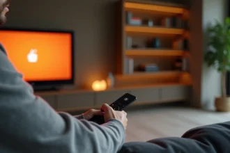 Homme utilisant la télécommande Orange pour enregistrer un programme télévisé depuis son canapé