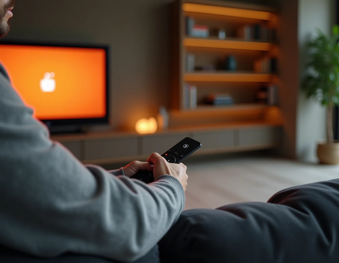 Homme utilisant la télécommande Orange pour enregistrer un programme télévisé depuis son canapé