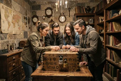 Groupe de joueurs concentrés autour d'énigmes dans un escape game à Lyon