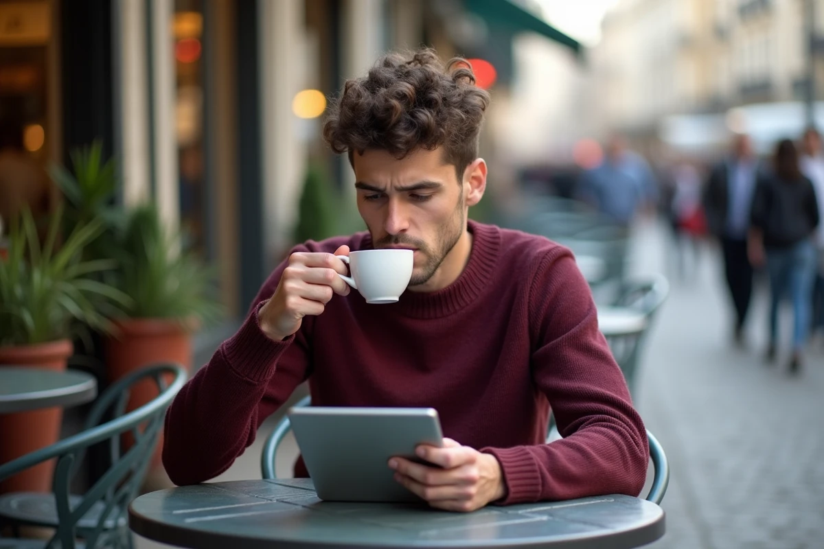 Étudiant français étudie la grammaire au café