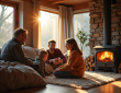 Famille moderne dans un salon chaleureux avec poêle à bois