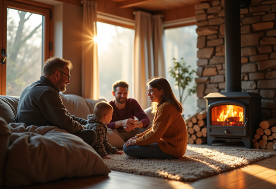 Famille moderne dans un salon chaleureux avec poêle à bois