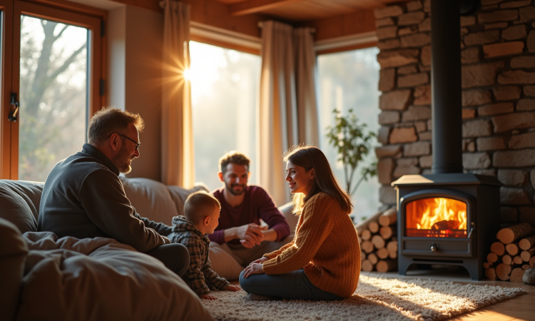 Famille moderne dans un salon chaleureux avec poêle à bois