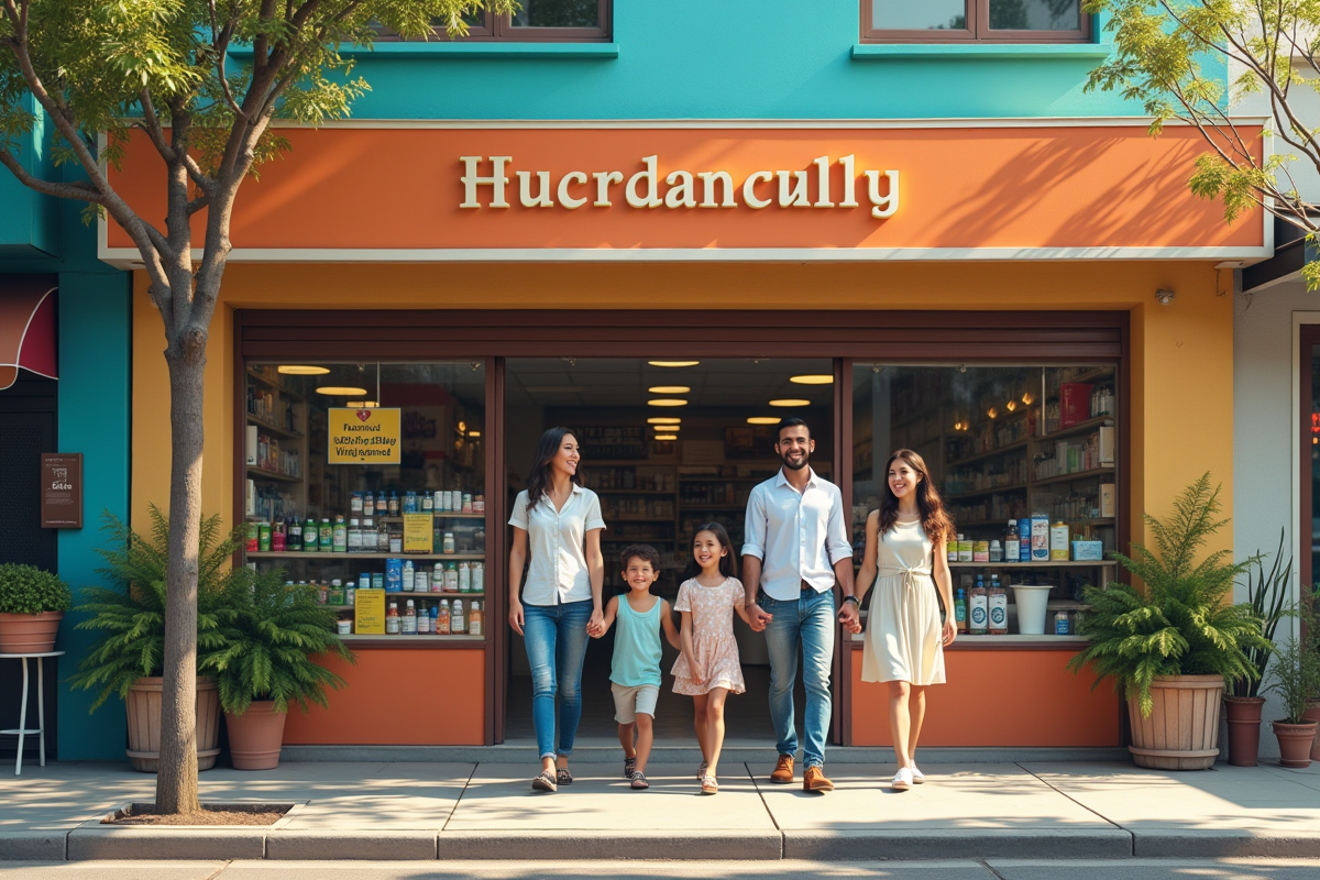 Famille heureuse devant une pharmacie de quartier en plein jour